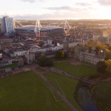 Aerial image of Cardiff with the castle and the stadium in view.